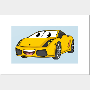 Cute happy yellow sports car cartoon Posters and Art